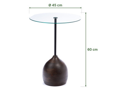 Bout de canapé Porto en verre et manguier d'Amadeus et ses dimensions : plateau de 45 cm, 60 cm de haut