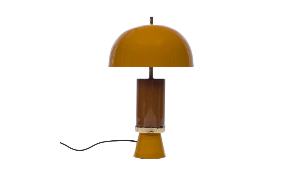 Lampe à poser Vintage jaune, fût caramel et bague dorée, Amadeus