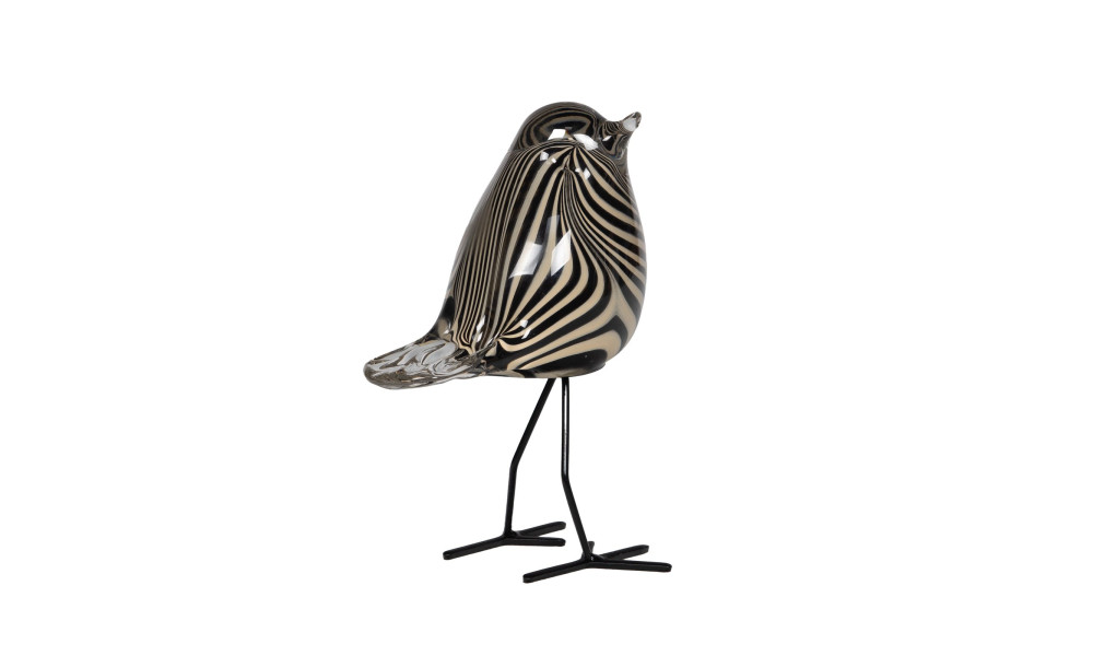 Oiseau Ori en verre rayé noir et blanc sur pattes noires, Amadeus